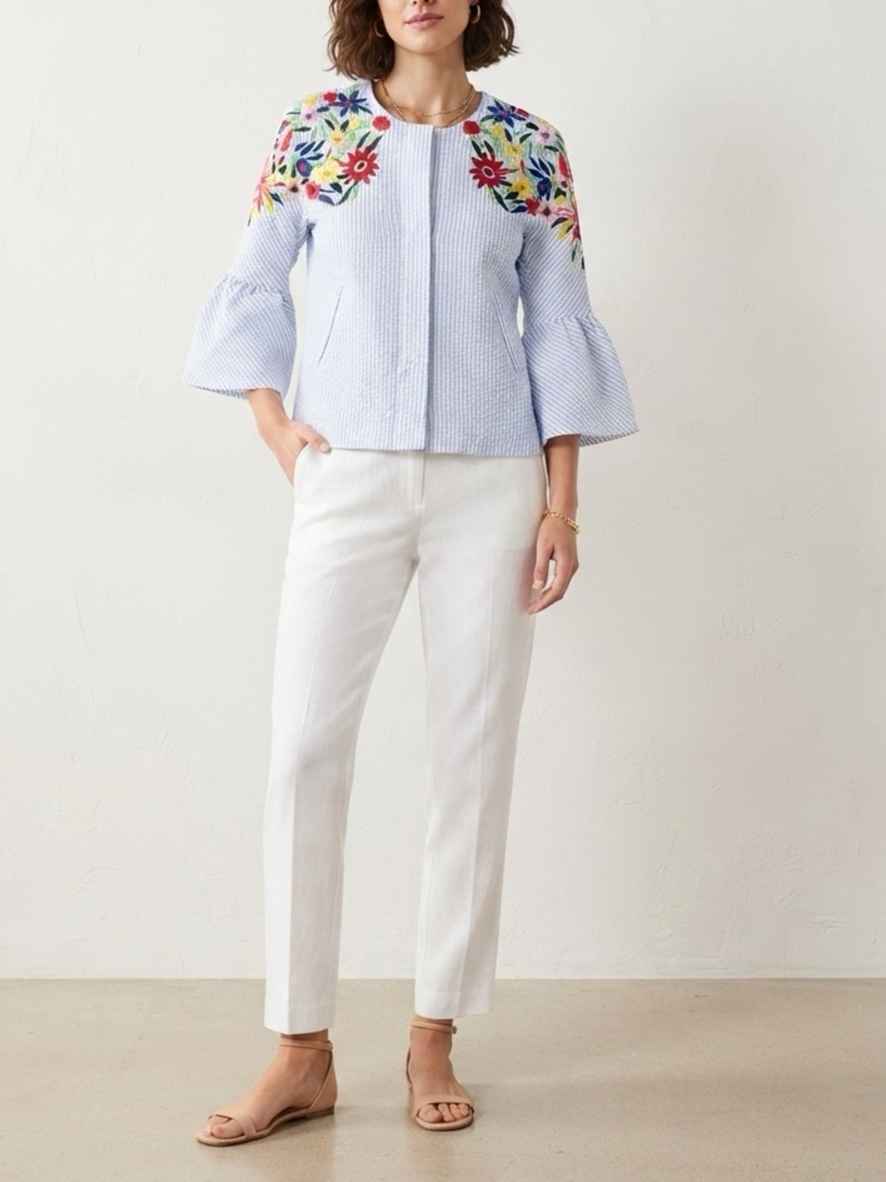 Luii Light Blue Seersucker Jacket with Multicolor Floral Embroidery